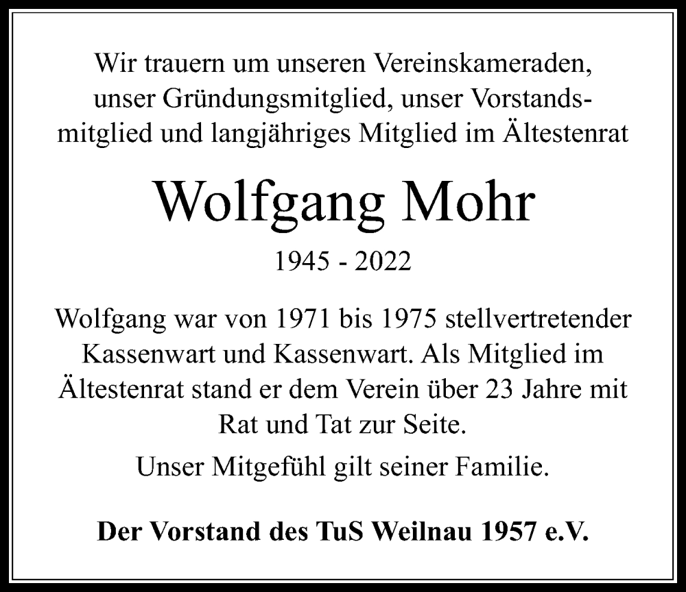  Traueranzeige für Wolfgang Mohr vom 18.06.2022 aus Usinger Anzeiger