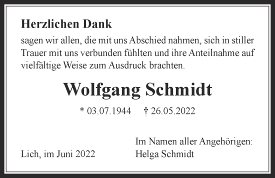 Traueranzeige von Wolfgang Schmidt von Licher Wochenblatt