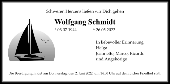 Traueranzeige von Wolfgang Schmidt von Licher Wochenblatt