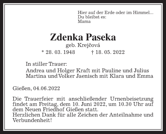 Traueranzeige von Zdenka Paseka von Giessener Anzeiger