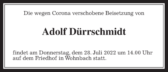 Traueranzeige von Adolf Dürrschmidt von Wetterauer Zeitung