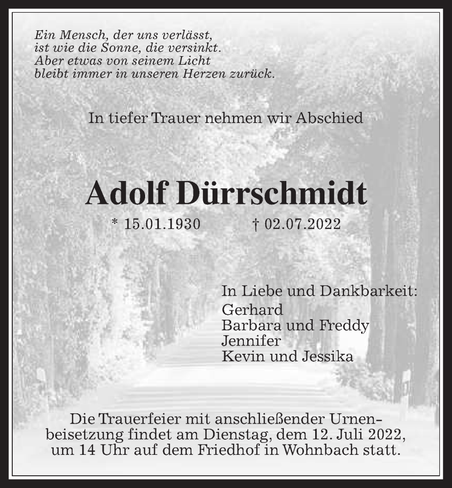  Traueranzeige für Adolf Dürrschmidt vom 09.07.2022 aus Wetterauer Zeitung