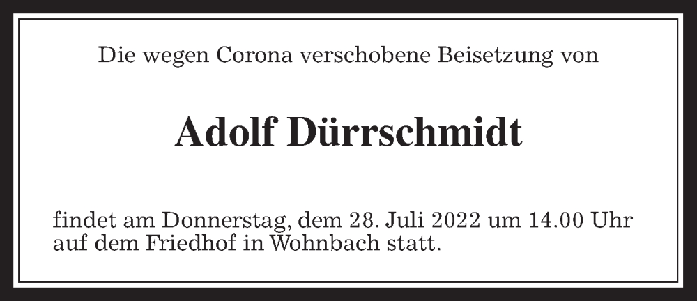  Traueranzeige für Adolf Dürrschmidt vom 23.07.2022 aus Wetterauer Zeitung
