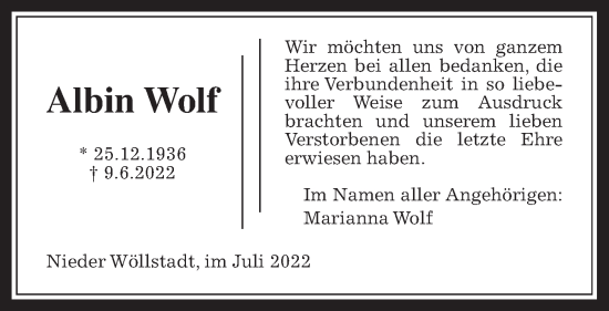 Traueranzeige von Albin Wolf von Wetterauer Zeitung