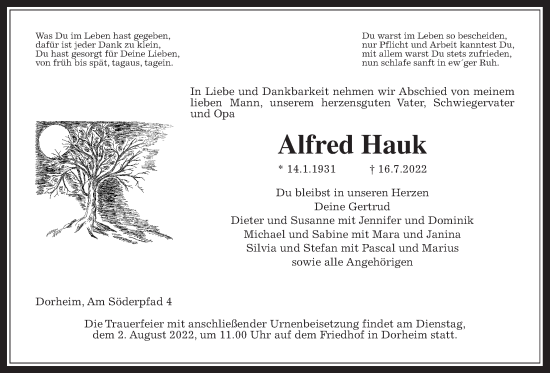 Traueranzeige von Alfred Hauk von Wetterauer Zeitung