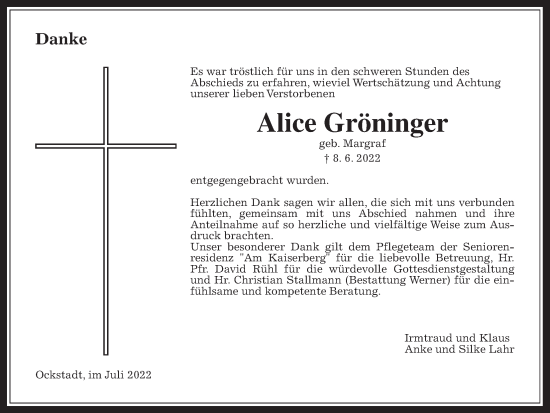 Traueranzeige von Alice Gröninger von Wetterauer Zeitung