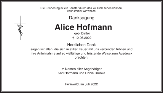 Traueranzeige von Alice Hofmann von Giessener Allgemeine, Alsfelder Allgemeine