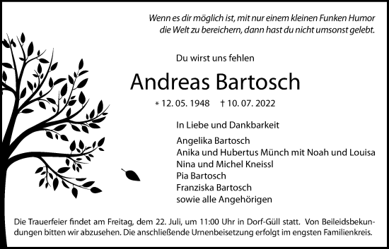 Traueranzeige von Andreas Bartosch von Giessener Anzeiger
