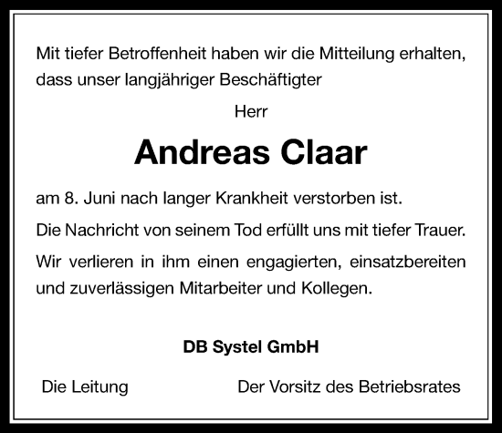 Traueranzeige von Andreas Claar von Giessener Anzeiger, Kreis-Anzeiger, Wetterauer Zeitung, Giessener Allgemeine, Alsfelder Allgemeine, Usinger Anzeiger