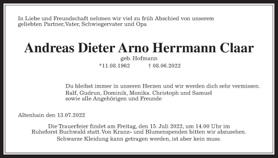 Traueranzeige von Andreas Dieter Arno Herrmann Claar von Giessener Allgemeine, Alsfelder Allgemeine, Laubacher Anzeiger