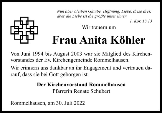 Traueranzeige von Anita Köhler von Kreis-Anzeiger