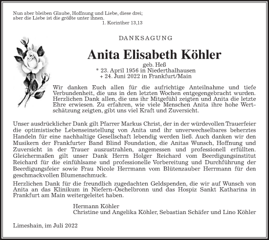 Traueranzeige von Anita Elisabeth Köhler von Kreis-Anzeiger