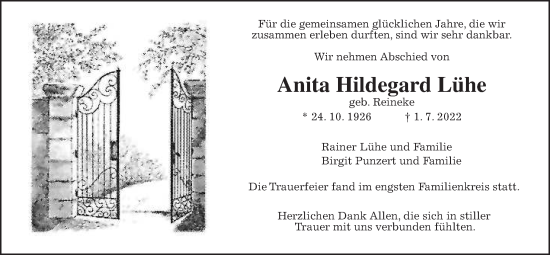 Traueranzeige von Anita Hildegard Lühe von Giessener Allgemeine, Alsfelder Allgemeine