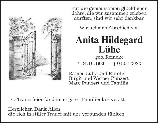 Traueranzeige von Anita Hildegard Lühe von Pohlheimer Nachrichten