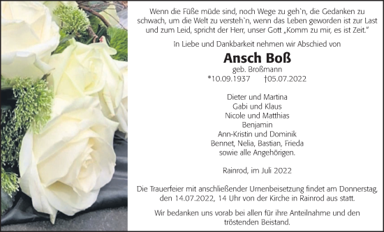Traueranzeige von Anna Boß von Kreis-Anzeiger