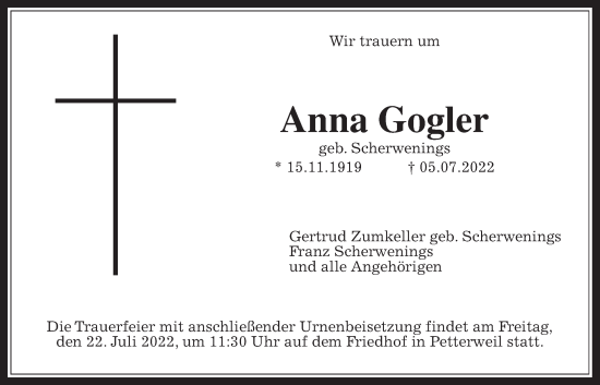 Traueranzeige von Anna Gogler von Bad Vilbel/Karben, Wetterauer Zeitung