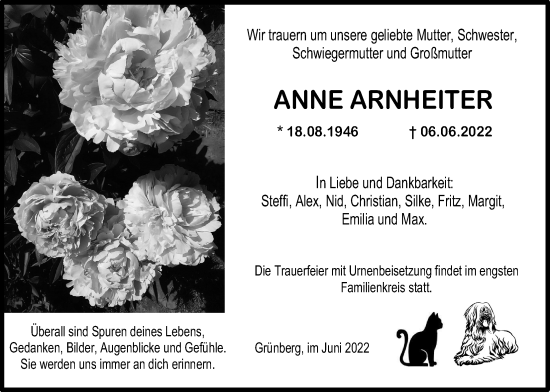 Traueranzeige von Anne Arnheiter von Giessener Anzeiger, Giessener Allgemeine, Alsfelder Allgemeine