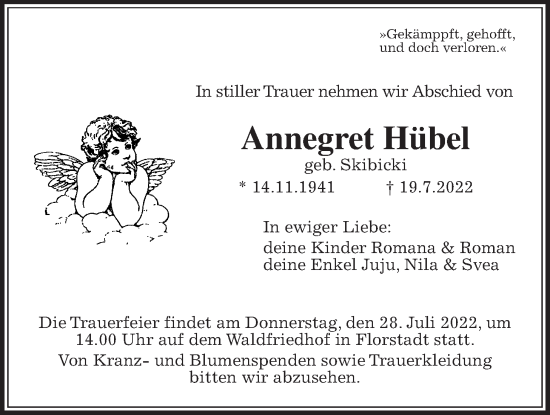Traueranzeige von Annegret Hübel von Wetterauer Zeitung