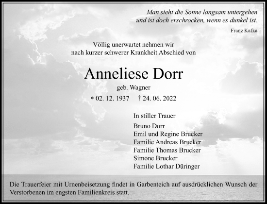 Traueranzeige von Anneliese Dorr von Giessener Anzeiger, Giessener Allgemeine, Alsfelder Allgemeine