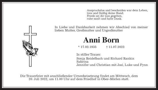 Traueranzeige von Anni Born von Wetterauer Zeitung