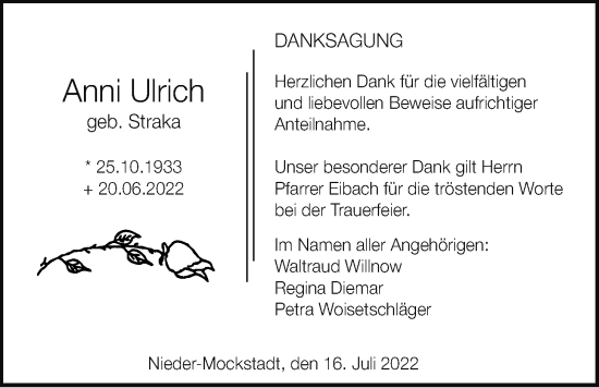 Traueranzeige von Anni Ulrich von Wetterauer Zeitung, Kreis-Anzeiger