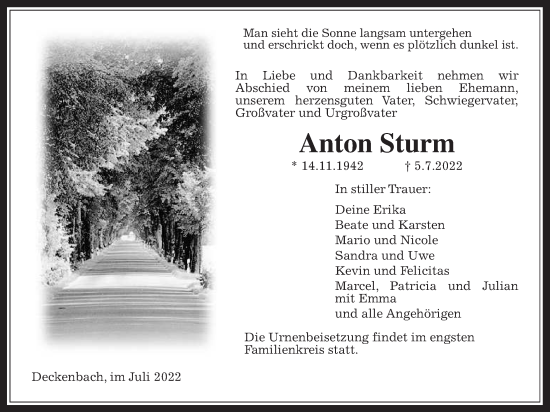 Traueranzeige von Anton Sturm von Giessener Allgemeine, Alsfelder Allgemeine