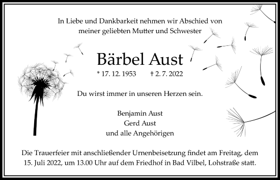 Traueranzeige von Bärbel Aust von Bad Vilbel/Karben