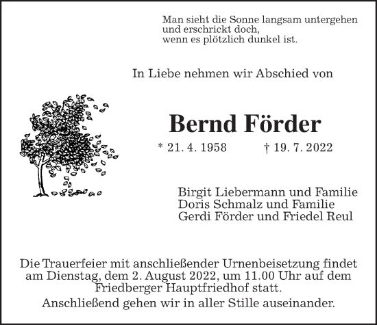 Traueranzeige von Bernd Förder von Wetterauer Zeitung