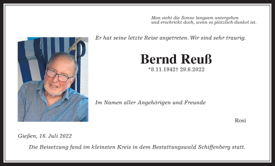 Traueranzeige von Bernd Reuß von Giessener Allgemeine, Alsfelder Allgemeine, Giessener Anzeiger