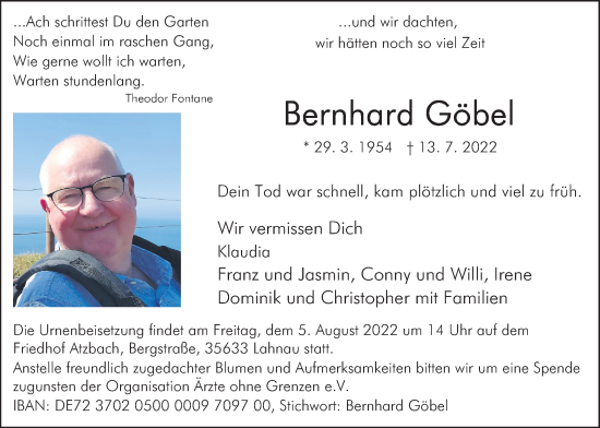 Traueranzeige von Bernhard Göbel von Giessener Allgemeine, Alsfelder Allgemeine, Giessener Anzeiger