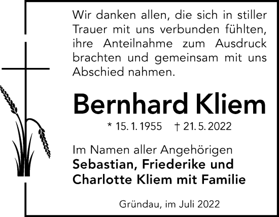 Traueranzeige von Bernhard Kliem von Wetterauer Zeitung