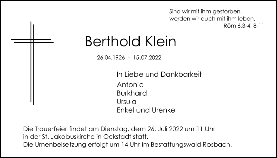 Traueranzeige von Berthold Klein von Wetterauer Zeitung