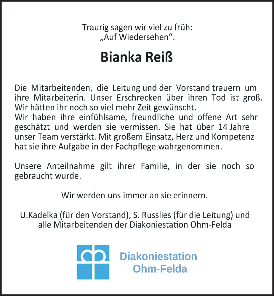  Traueranzeige für Bianka Reiß vom 16.07.2022 aus Alsfelder Allgemeine