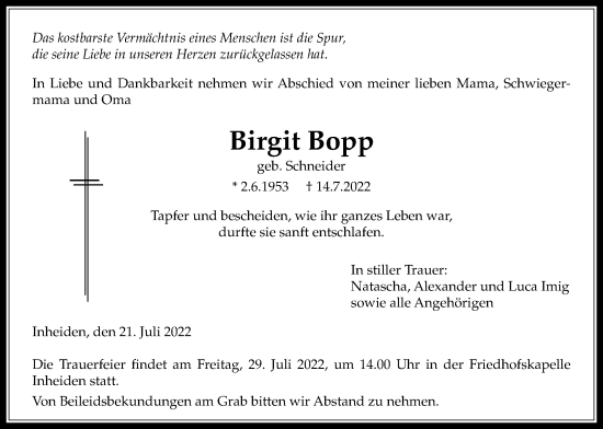 Traueranzeige von Birgit Bopp von Licher Wochenblatt