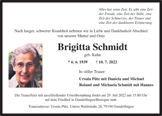 Traueranzeige von Brigitta Schmidt 