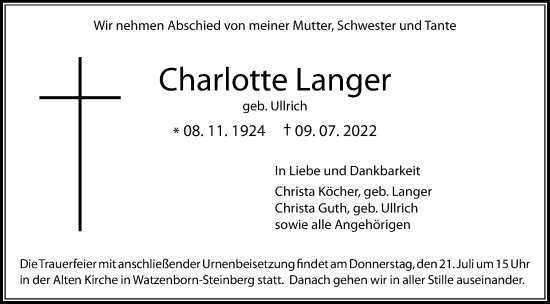 Traueranzeige von Charlotte Langer von Giessener Allgemeine, Alsfelder Allgemeine