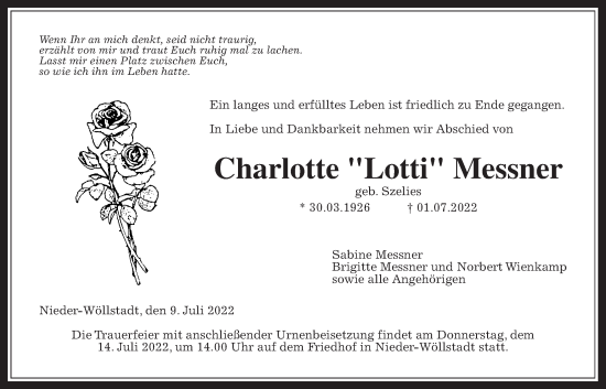 Traueranzeige von Charlotte Messner von Wetterauer Zeitung