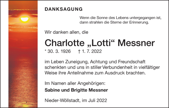 Traueranzeige von Charlotte Messner von Wetterauer Zeitung