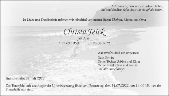 Traueranzeige von Christa Feick von Kreis-Anzeiger