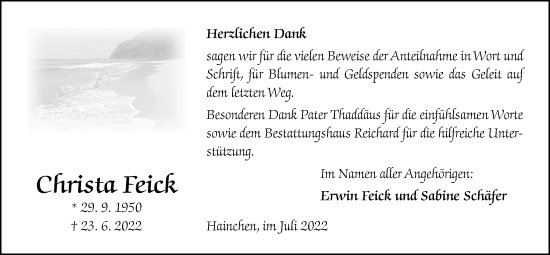 Traueranzeige von Christa Feick von Kreis-Anzeiger