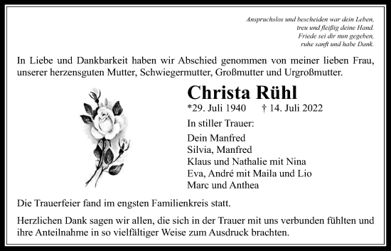 Traueranzeige von Christa Rühl von Licher Wochenblatt