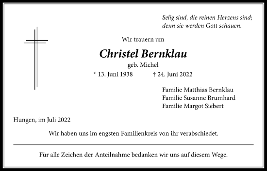 Traueranzeige von Christel Bernklau von Licher Wochenblatt