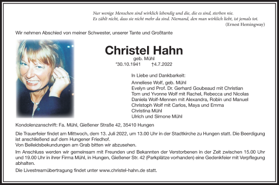 Traueranzeige von Christel Hahn von Wetterauer Zeitung, Giessener Allgemeine, Alsfelder Allgemeine, Giessener Anzeiger