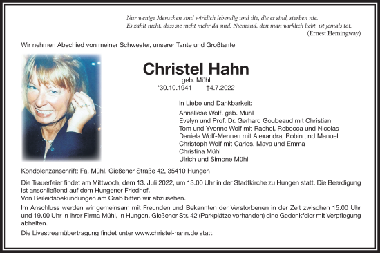 Traueranzeige von Christel Hahn von Wetterauer Zeitung, Giessener Allgemeine, Alsfelder Allgemeine