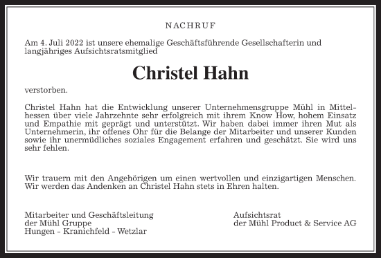 Traueranzeige von Christel Hahn von Wetterauer Zeitung, Giessener Allgemeine, Alsfelder Allgemeine, Giessener Anzeiger