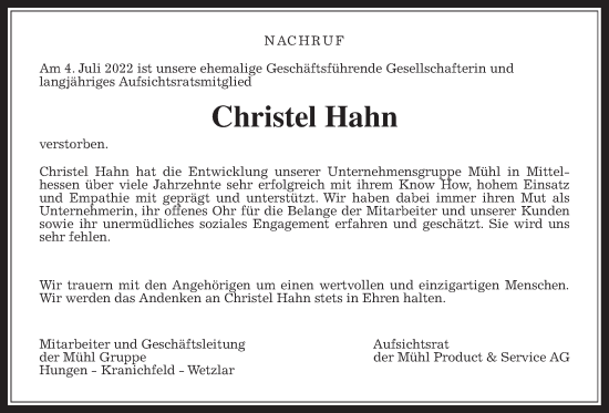 Traueranzeige von Christel Hahn von Wetterauer Zeitung, Giessener Allgemeine, Alsfelder Allgemeine