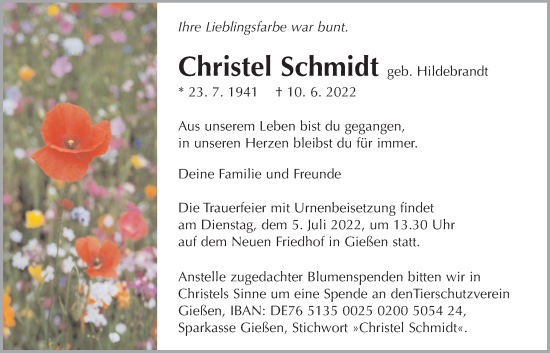 Traueranzeige von Christel Schmidt von Giessener Anzeiger, Giessener Allgemeine, Alsfelder Allgemeine