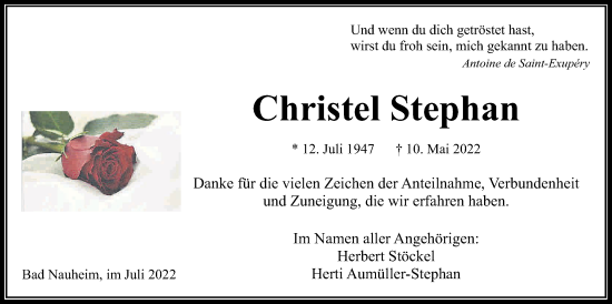 Traueranzeige von Christel Stephan von Wetterauer Zeitung