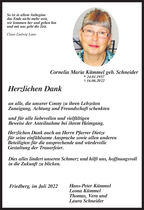 Traueranzeige von Cornelia Maria Kümmel von Wetterauer Zeitung, Bad Vilbel/Karben