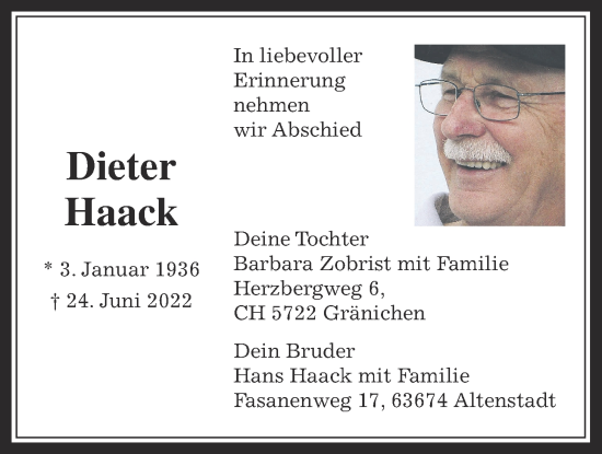 Traueranzeige von Dieter Haack von Laubacher Anzeiger